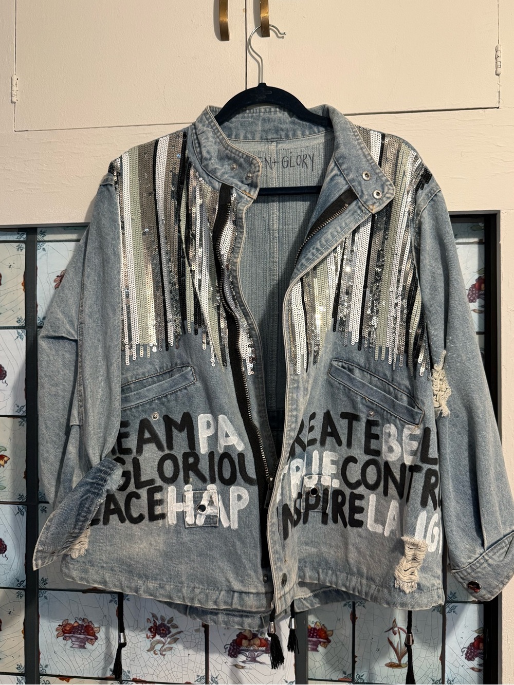 Wren + Glory Original. Embellished Light Wash Denim Jacket with Silver Sequin